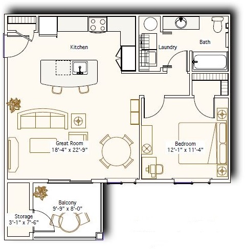 Floor plan for 1 bed, 1 bath, 740 sqft